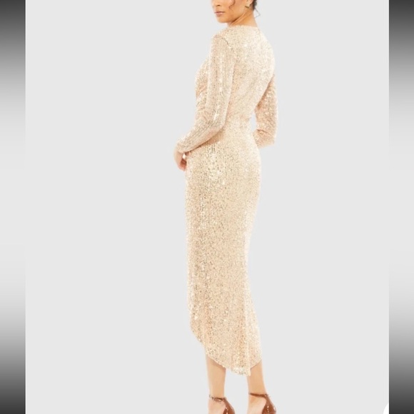 IEENA For Mac Duggal Rose Gold Sequin Knotted Long Sleeve Midi High Low Dress 0 - Picture 2 of 15